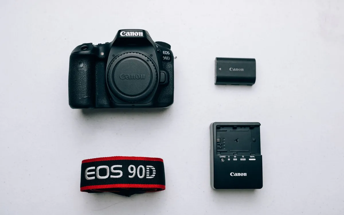 A camera gear kit laid out